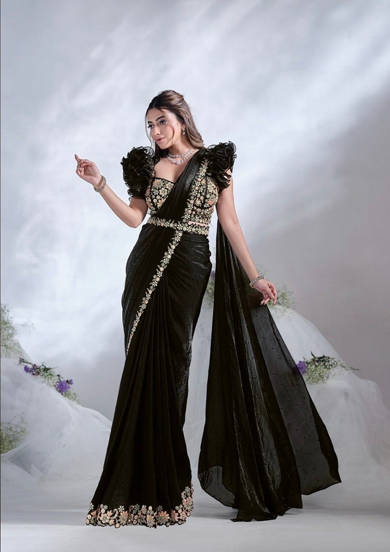 Predrapped Saree Two Tone Satin Silk - Image 4